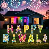 LawnIdyll 11 Pcs Happy Diwali Yard Stake Sign with LED String Lights | Diwali Outdoor Decorations Festival of Indian Lights Party Stakes for Yard Lawn Decor Garden Pathway Decor Photo Booth Props