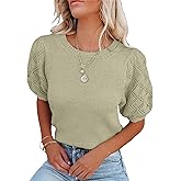 CFLHN Women's Short Sleeve Knit Tops Soft Puff Sleeve Lightweight Sweaters for Casual and Work