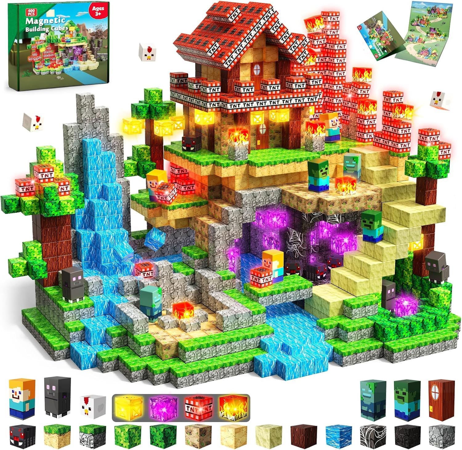 400 PCS Magnetic Blocks with Light Up Blocks - Magnetic Building Blocks, Magnetic Construction Cube Toys, STEM Sensory Learning Toys, Easter Christmas Birthday Gifts for Toddlers Boys and Girls Age 3+ Image