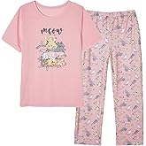 Vopmocld Big Girls' Short Sleeve Long Pants Pajama Sets 2PCS Cartoon Pattern & Letters Printed Sleepwear Lounge for Teens