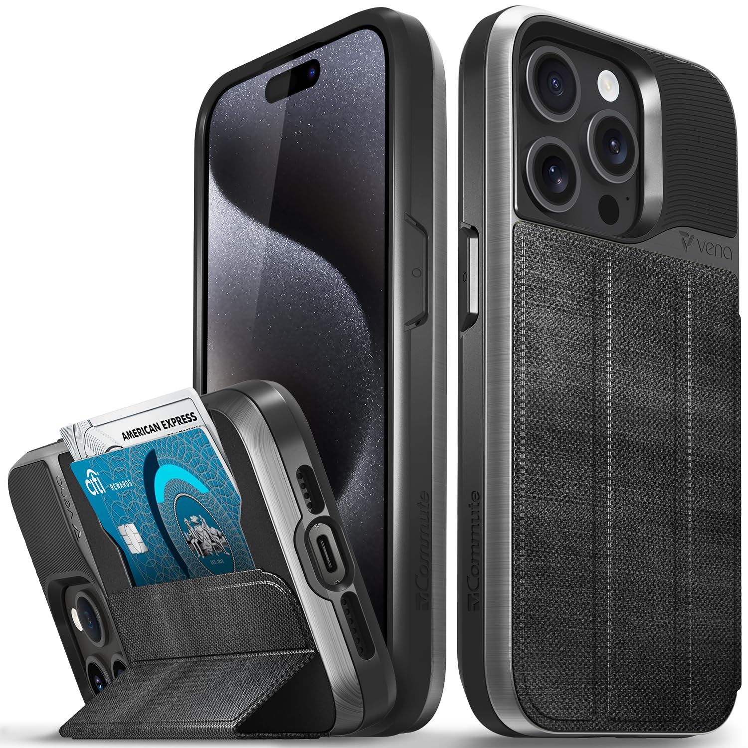 VENA vCommute for iPhone 15 Pro Wallet Case, [Military Grade Drop Protection] Flip Leather Cover Slot Card Holder with Kickstand - Black Slate — image 1