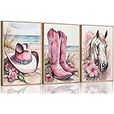 3Pcs Coastal Western Cowgirl Canvas Wall art Pink Flower Boots Hat Horse Aesthetic Painting Pictures Wall Decor Southern Girl Trendy Preppy Posters Print Artwork for Girls Room Bedroom Dorm Unframed