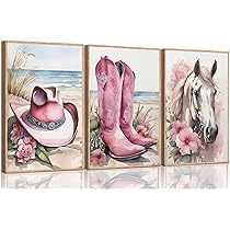 Art Boot ZQQART Pink Cowgirl Canvas Wall Art Western Coastal Horse