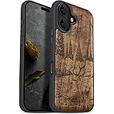 Carveit Magnetic Wooden Case for iPhone 17 Case, Wood Artisan Engraved & Black Soft TPU Shockproof Cover, Compatible with MagSafe Wireless Chargers (Mountains and Deer) Walnut