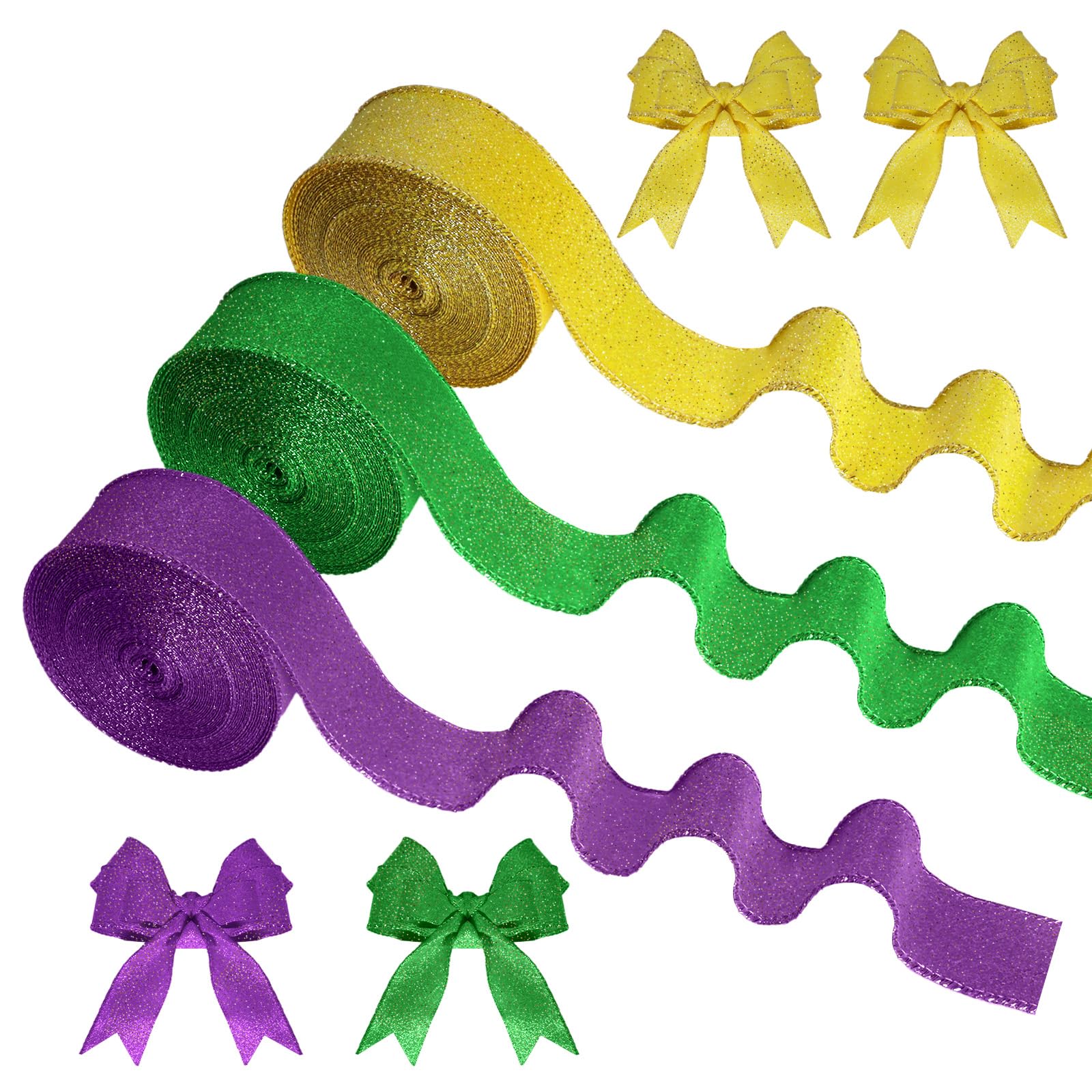 Photo 1 of 3 Rolls Mardi Gras Glitter Wired Ribbon 30 Yards Metallic Glitter Ribbon Purple Green Gold Ribbons Mardi Gras Party Decor for Gift Wrapping Crafts