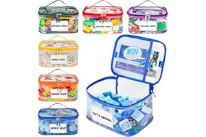 Tesuko 6 Pack Clear Toy Storage Bag with Name Tag& Manual Pocket, Waterproof Transparent PVC Toy Organizer Case for Lego Bricks, Board Games, Building Blocks, Puzzles (Large Capacity, Colorful)