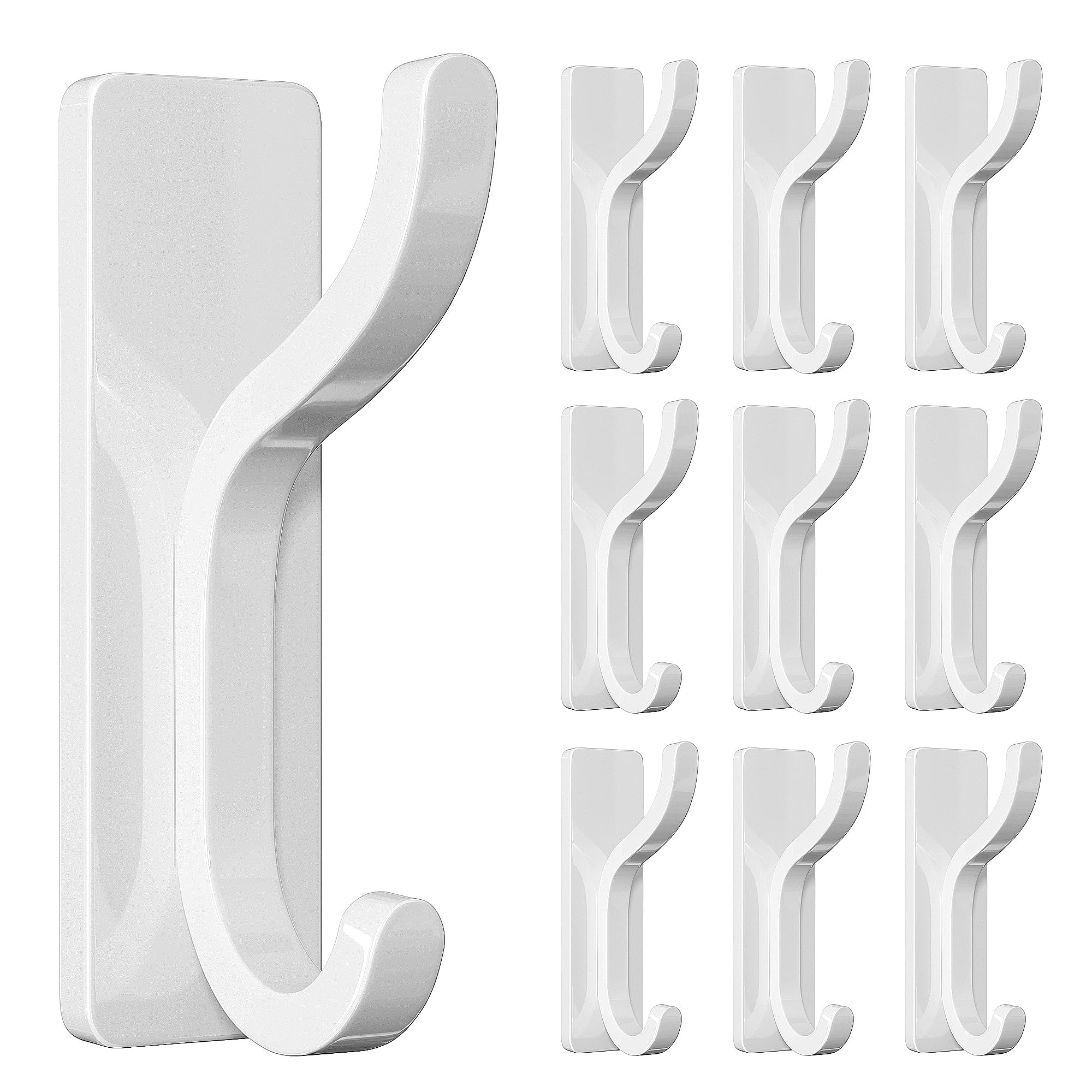 Photo 1 of 10-Pack Self Adhesive Wall Hooks for Hanging - 13 LB Strong Hold, Sticky Hangers for Coat, Towel, Purse, Keys, Bag - for Wall, Door, Bathroom, Shower, Dorm, Kitchen - Stainless Metal, White
