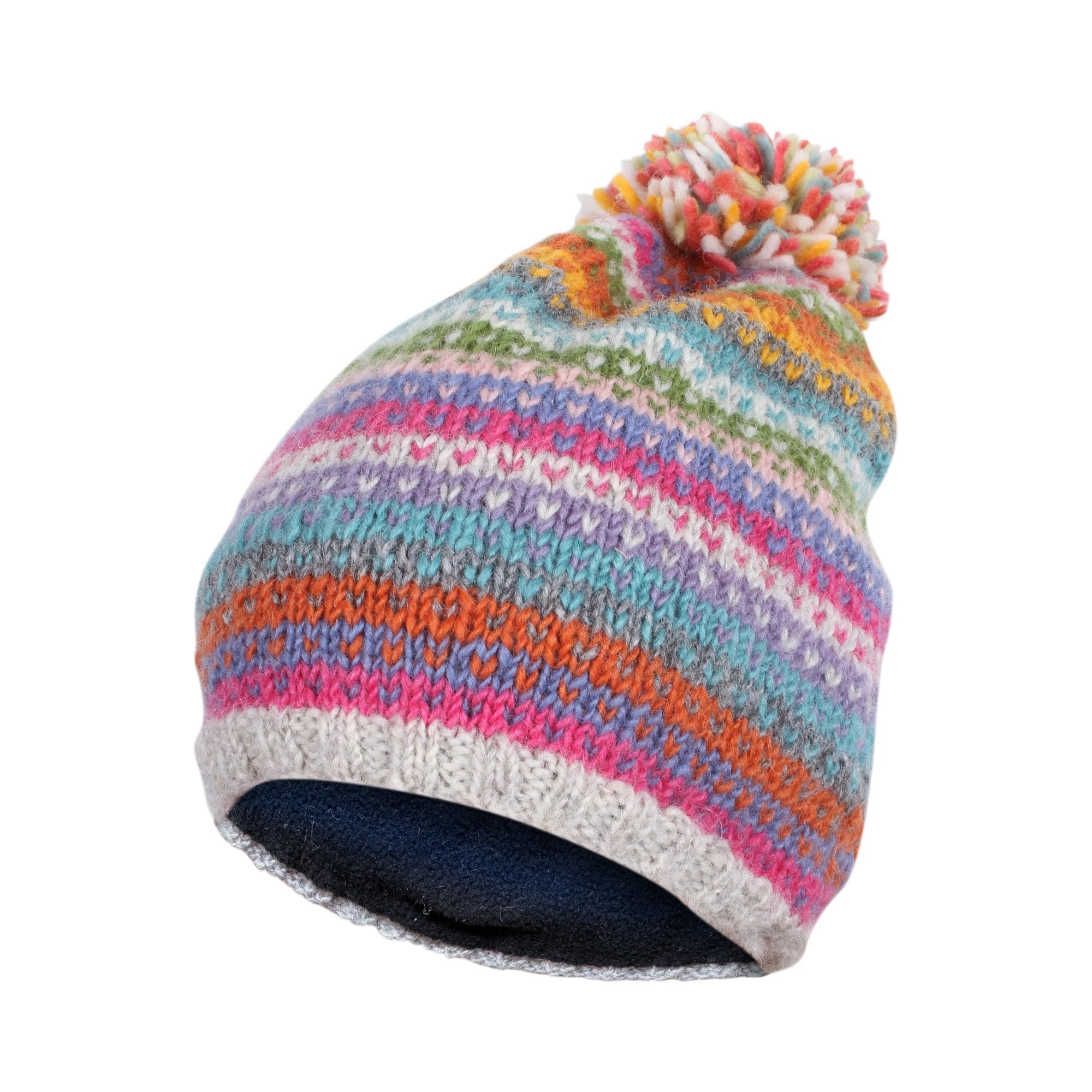 Pachamama Women Wool Beanie Bobble Hat Fleece Lined Handknitted Dots Stripes Multicoloured One-Size Handmade Extra Warm Fair Trade