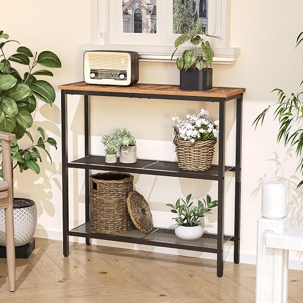 HOOBRO 29.5″ NARROW CONSOLE TABLE, 3-TIER ENTRYWAY TABLE, THIN SOFA TABLE WITH SHELVES, SIDE TABLE, DISPLAY TABLE, FOR HALLWAY, ENTRANCE, LIVING ROOM, BEDROOM, RUSTIC BROWN AND BLACK BF73XG01