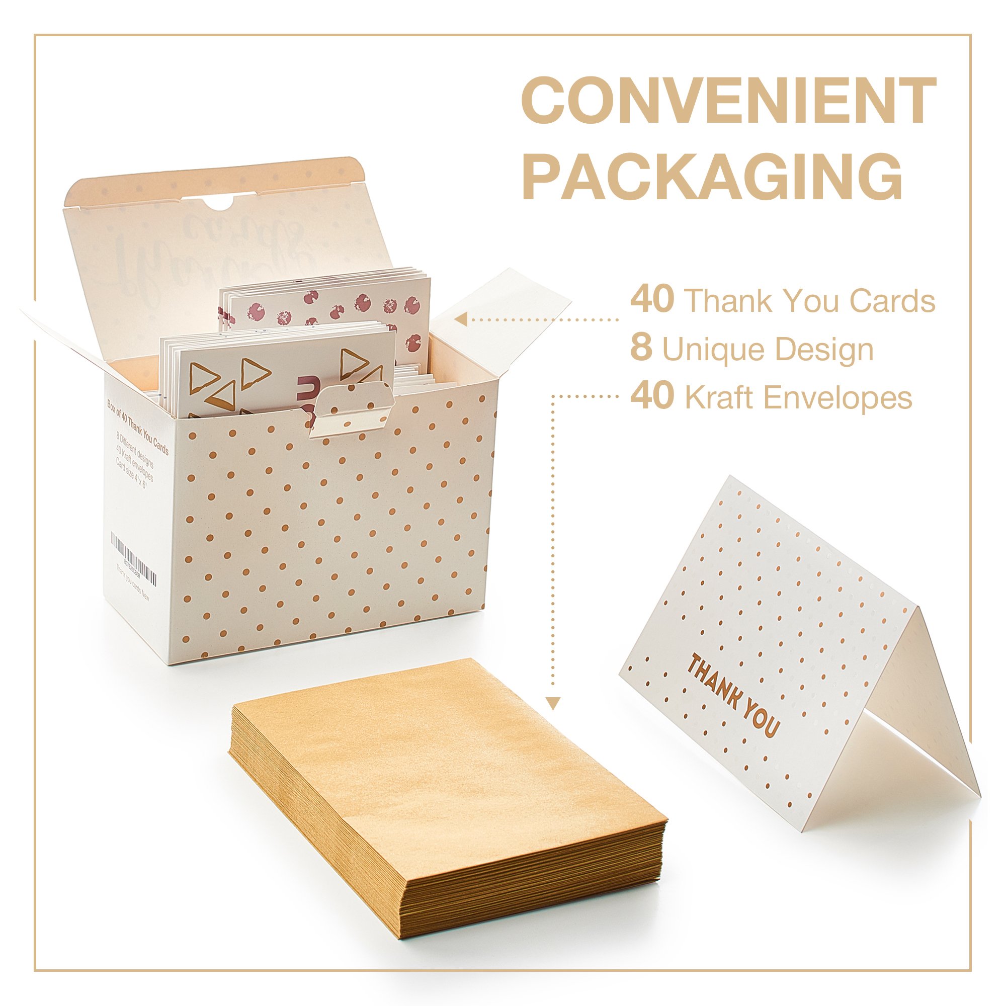 Thank You Cards - 40 Blank Note cards in Eight Unique Designs - Best Thank You Notes 4x6 Includes Box and Kraft Envelopes - Perfect for Birthdays, Showers, Weddings, Business and Personalized Notes