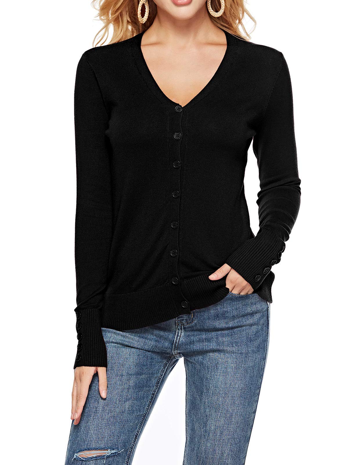 THANTH Womens V Neck Long Sleeve Button Down Knit Cardigan Sweater Black XL