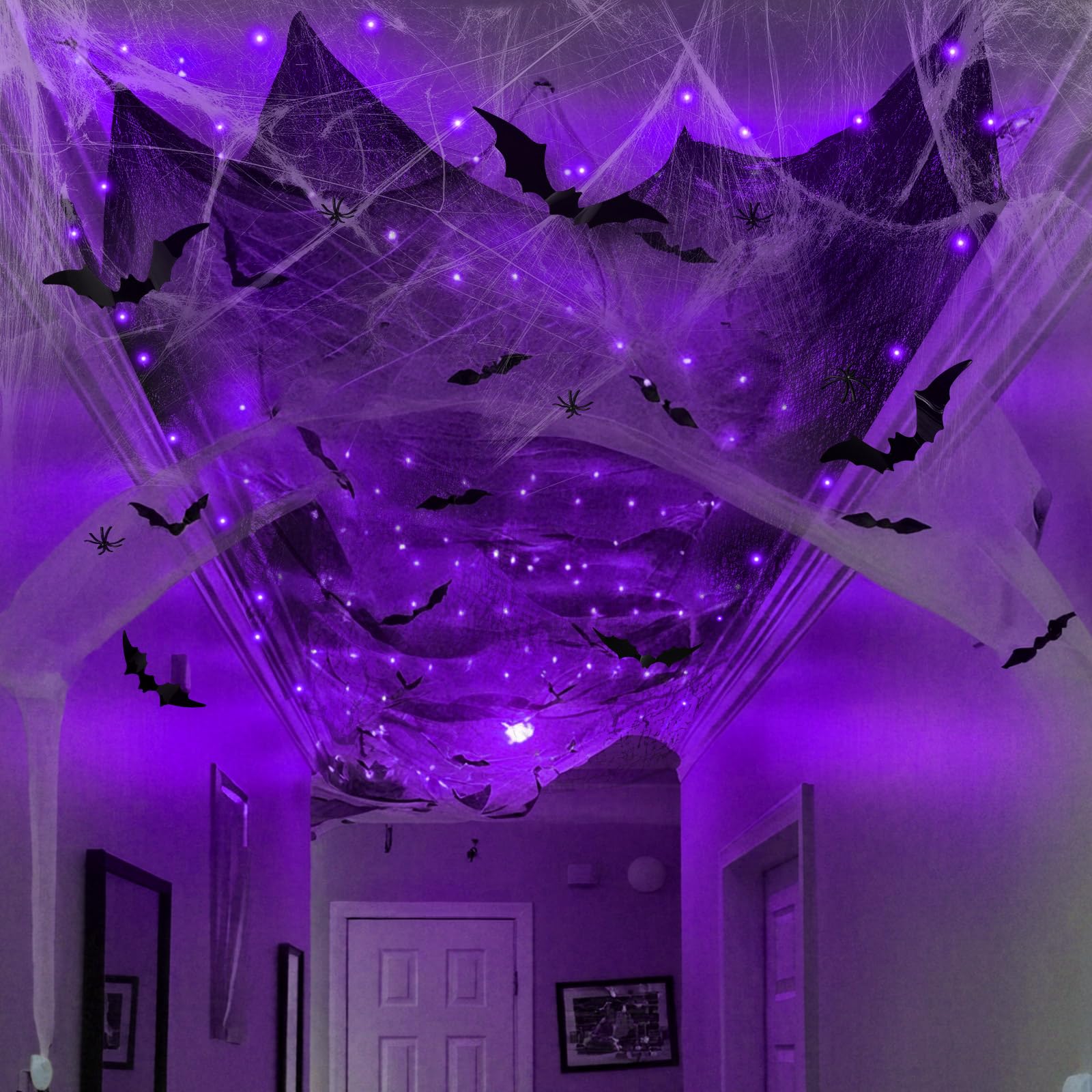 Photo 1 of Jetec Halloween Spider Web Decorations with 32FT String Lights, Halloween Black Creepy Cloth, 300 sqft Webs, 60 Fake Bats and 20 Spiders for Indoor Outdoor Yard Doorways Entryways Decor(Purple Light)