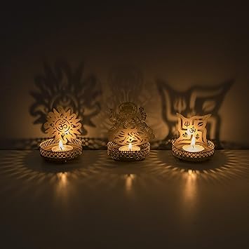 Homesake Shadow Ganesh Sathiya Om Metal Tea Light Holder Set, Brass Finish Pooja Diwali Candle Holder with Free Wax Diya (Ganesha, Sathiya & Om)