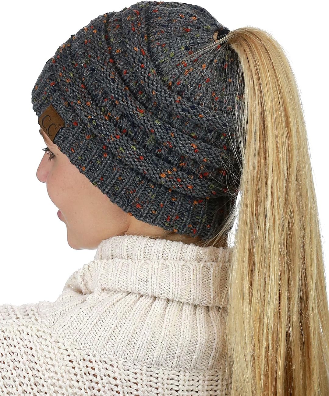 C.C BeanieTail Soft Stretch Cable Knit Messy High Bun Ponytail Beanie Hat, Confetti Dark Melange Gray