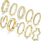 10 PCS Dainty 14K Gold Rings for Women, Open Twist Simulated Diamond Criss Cross Designs, Perfect for Stacking Layering on Thumb and Knuckle Engagement Rings in Sizes 6-10