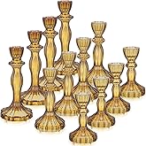 Mumufy 12 Pcs Taper Candle Holders Valentines Glass Candlestick Holder Fit 0.8 Inch Candles 4'' 6'' 8'' Tall Crystal Decorative Candlestick Stand Centerpiece for Valentines Wedding Proposal (Amber)