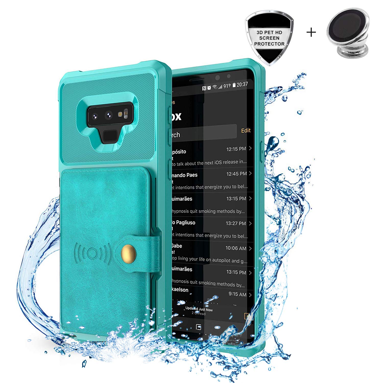 Galaxy Note 9 Case, Sumsung Note 9 Wallet Flip Leather Kickstand Fit Magnetic Wireless Car Charger Mount Slim Durable Shockproof Protective Case Cover with Card Holder (Turquoise)