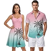 DRESSFO Matchable Couples' Outfit Ombre Coconut Tree Print Button-up Shirt Or Strappy Dress