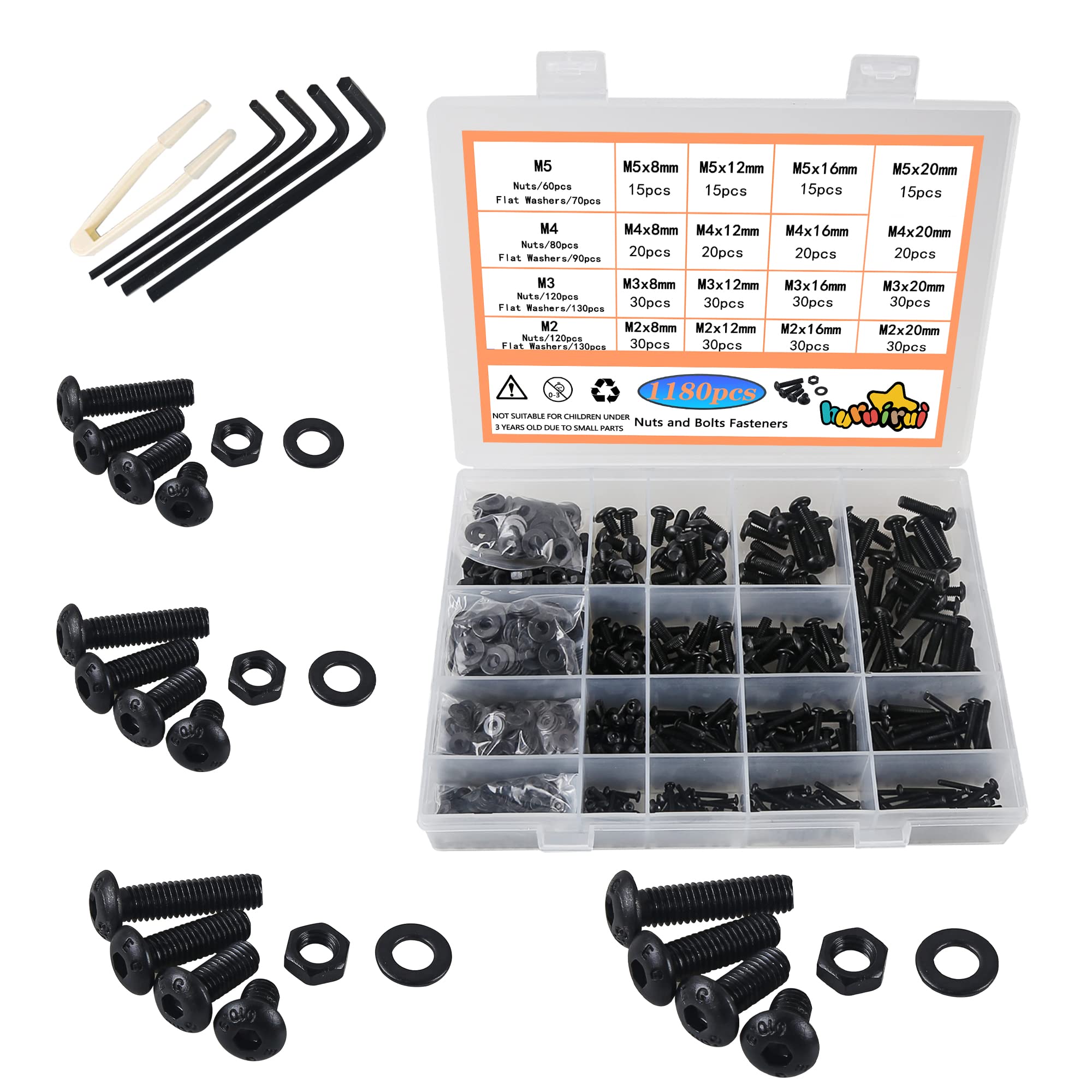 huruirui M2 M3 M4 M5 Nuts and Bolts Washers Assorted Set,1180pcs Black Hex Socket Head Cap Screws Bolts and Nuts Kit, Thread Machine Hex Bolt Set Fastener Repair Tools Assortment Kit — image 1