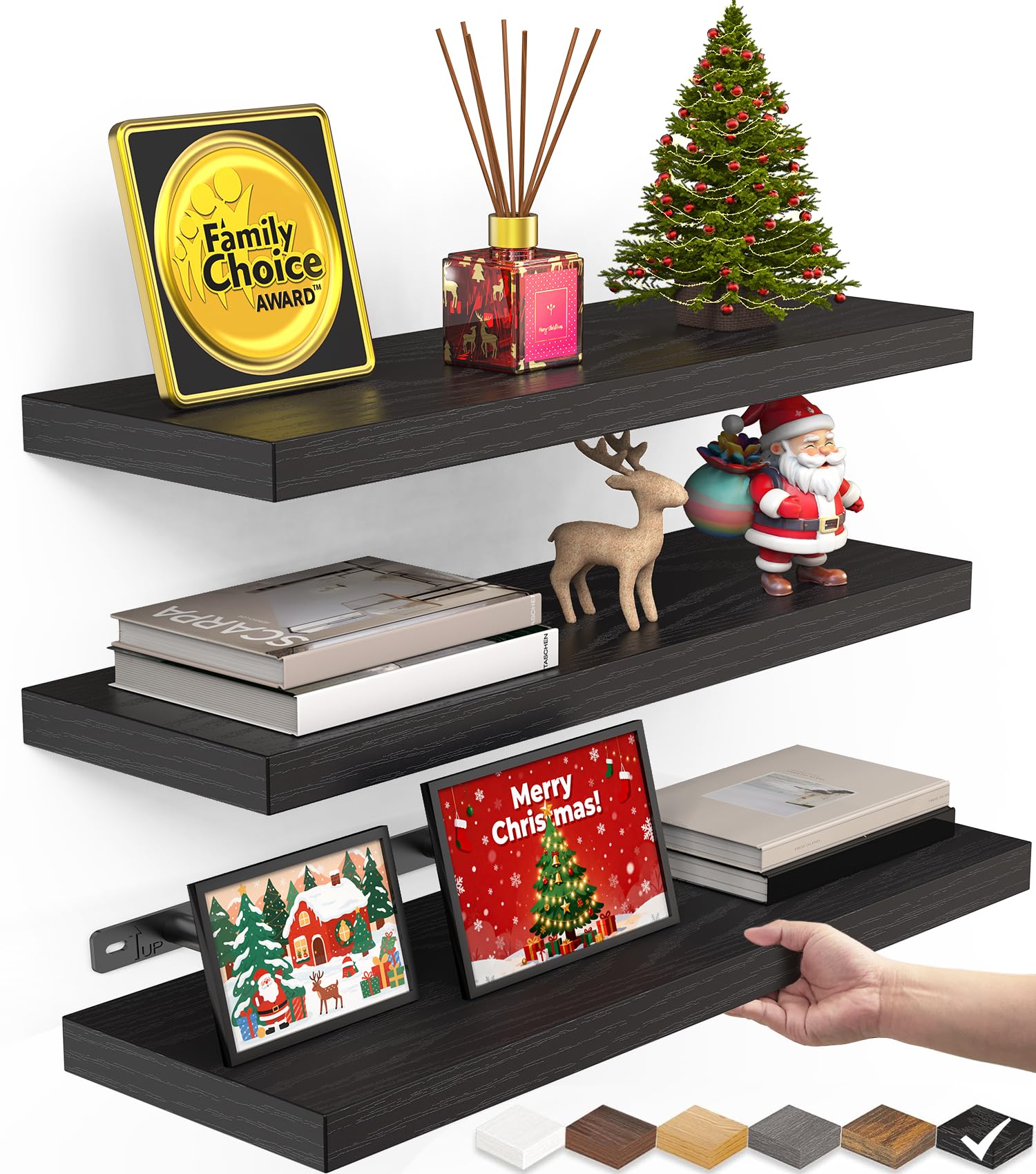 Photo 1 of ***FOR PARTS HAS DAMAGED PIECES*** BAYKA Floating Shelves for Wall, Wall Mounted Rustic Wood Shelves for Bathroom, Bedroom, Living Room, Kitchen, Hanging Shelf for Books/Storage/Room Decor with 22lbs Capacity (Black, Set of 3, 15.7in)