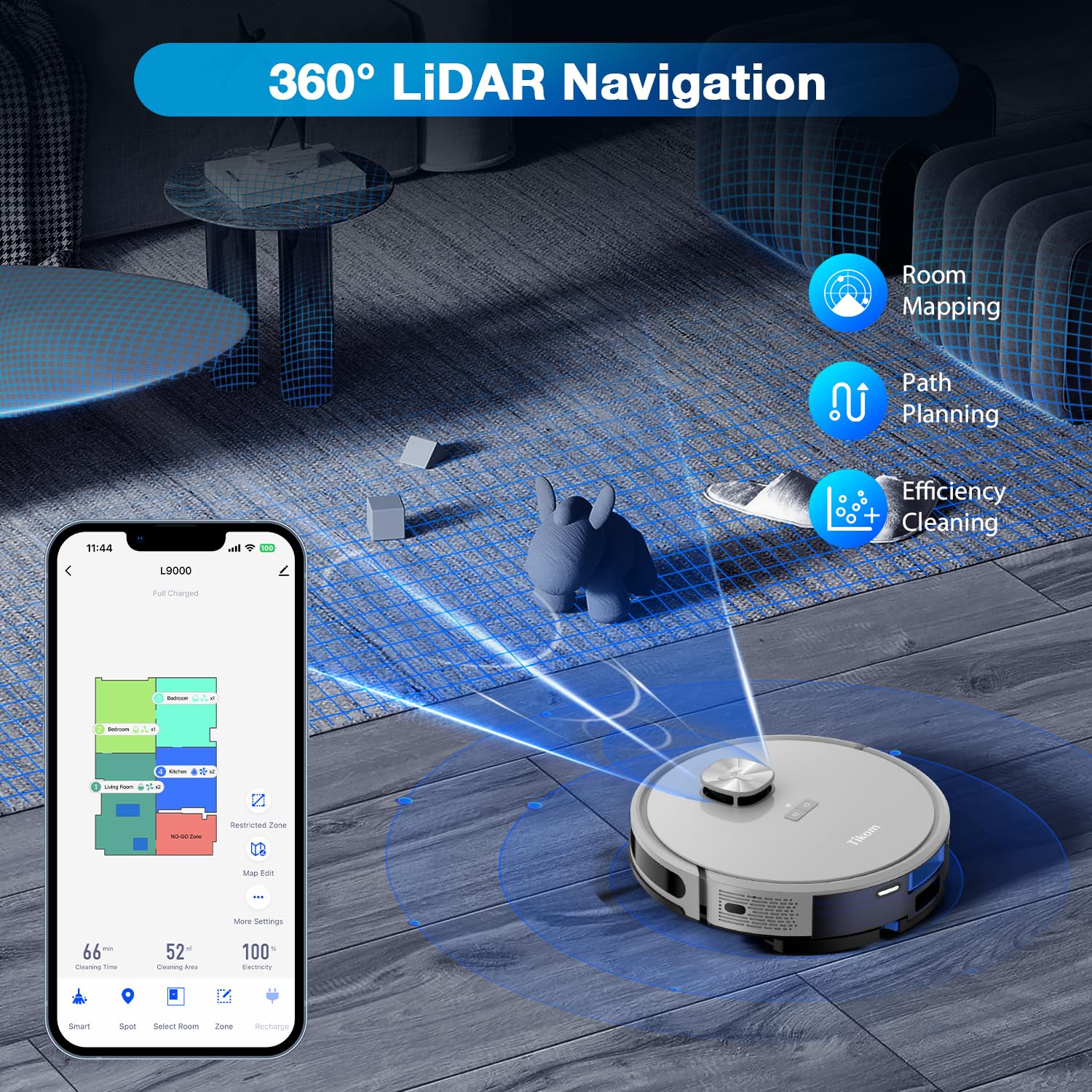 Tikom Robot Vacuum and Mop with LiDAR Navigation L9000, 4000Pa Robotic Vacuum Cleaner, 150Min Max, Smart Mapping, Good for Pet Hair, Carpet, Hard Floor - Image 2