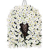 HyeFlora Artificial Faux Hanging White Flowers Plants Basket for Outdoor Outside Christmas Winter Decor, Fake UV Resistant Realistic Morning Glory Flowers for Porch Home Balcony Yard Patio Decoration