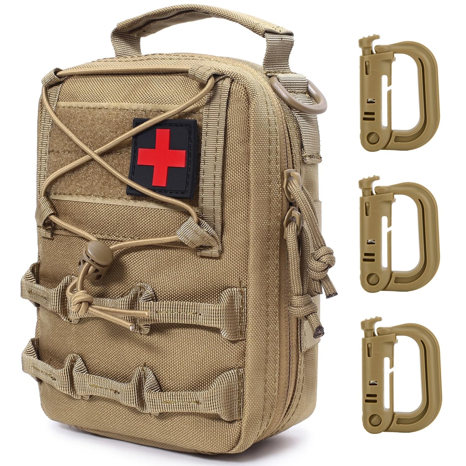 MUCHER Tactical First Aid Pouch IFAK Molle First Aid Waist Bag Medical Molle Pouch Small General Survival Utility Bag with 3 Hooks for Outdoor Hiking Hunting Camping Training (Khaki)