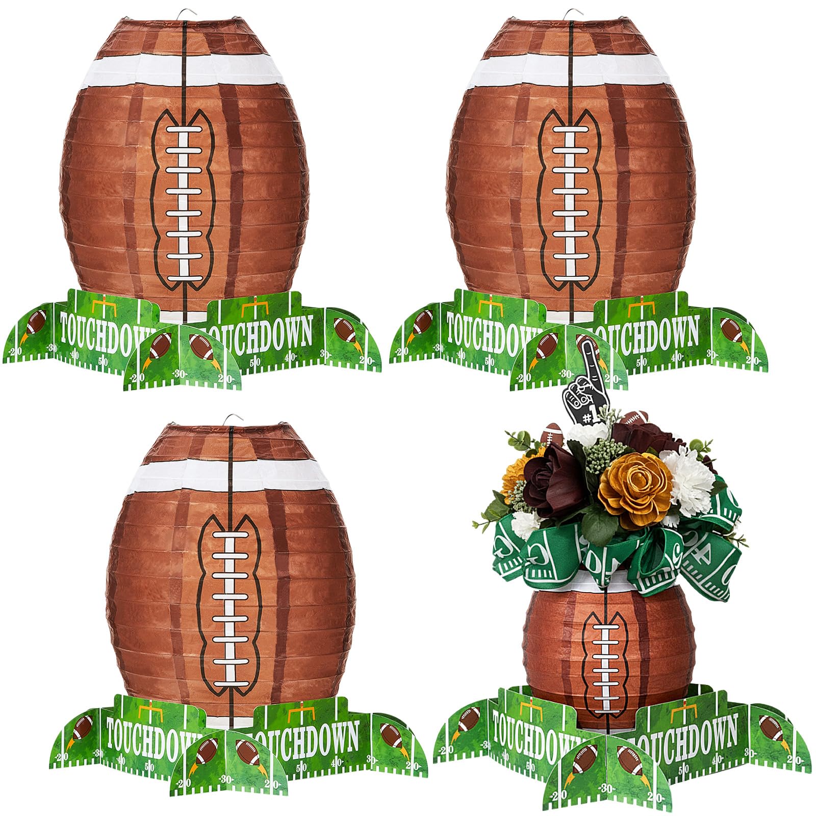 Photo 1 of 4 Pieces Football Paper Lantern Table Centerpiece Decoration Set Soccerball Game Lantern with Stand Pieces for Sports Game Football Birthday Party Supplies,12 Inches