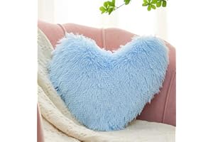 MOOWOO Fluffy Heart Pillow Gift for Girls Kids, Shaggy Plush Faux Fur and Sherpa, Cute Soft Throw Cushion Gift for Thanks Giving,Mothers Day,Valentines Day Decor,Heart Shaped (Blue)