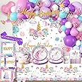 cocomigo 246PCS Unicorn Birthday Decorations Set, All-in-One Party Supplies Pack with 20 Plates, Purple Unicorn Party Supplies for Girl Birthday Party, Serves 20 Guests