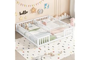 BELLEMAVE Double Floor Bed for Twins,Two Shared Beds,Twin Size Floor Bed for 2 Kids,Double Twin Bed with Guardrails for Girls,Boys,White