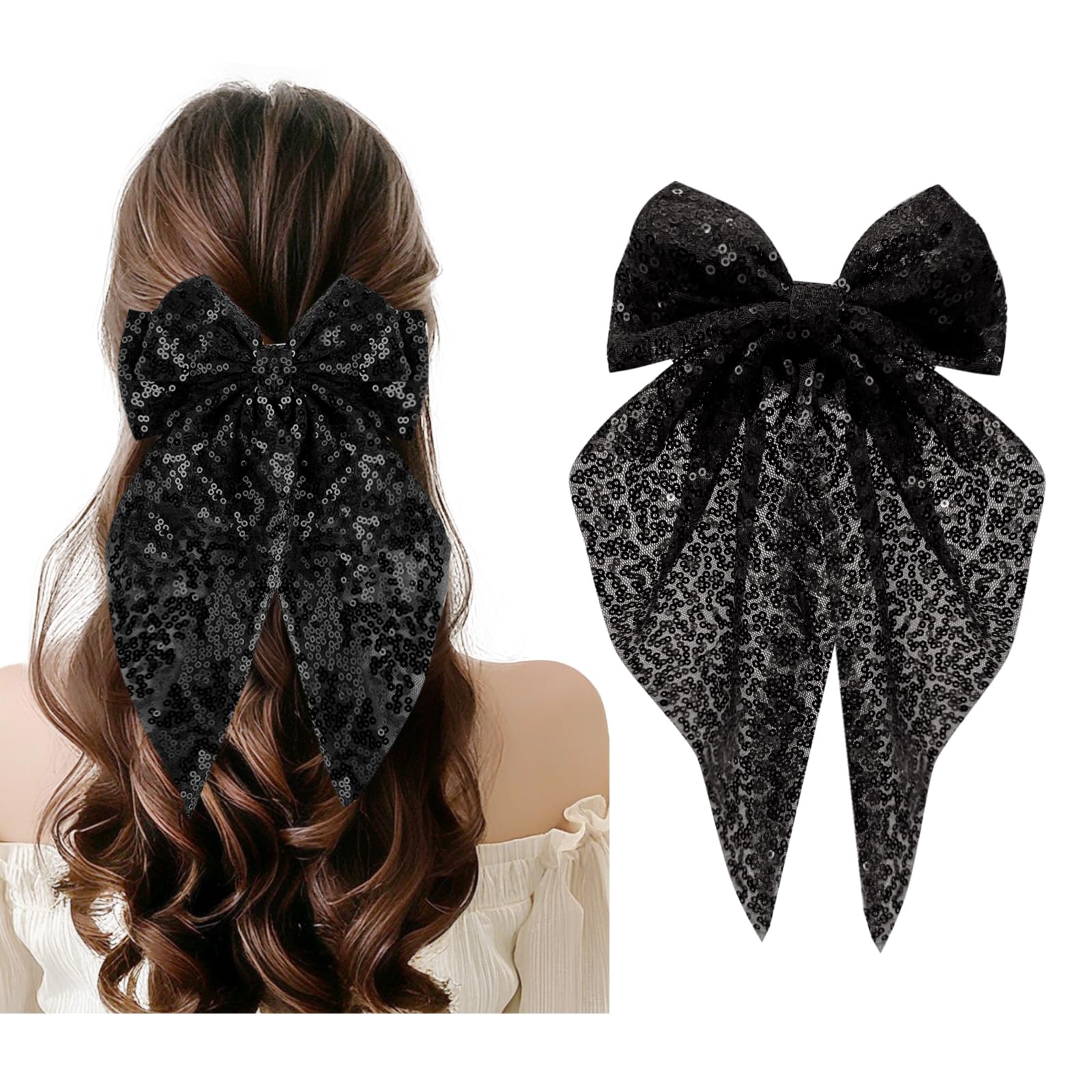 Bdfgh Sparking Black Hair Bow Tie, Hair Clip with Glitter, Sparkly Hair Accessories for Women Girls, Sparkly Bow Tie for Short Long Hair, Glitter Sequin Bow Tie for Birthdays Holidays Partie (Black)