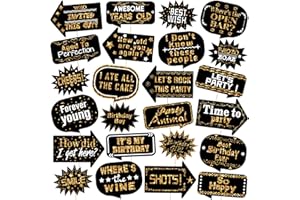 Outus 24 Pieces Photo Booth Props Birthday with Stick Happy Birthday Weddings Graduation Prom Bday Wedding New Year Party Supplies Funny Photo Booth Pose Signs Selfie for Men Women(White, Gold)