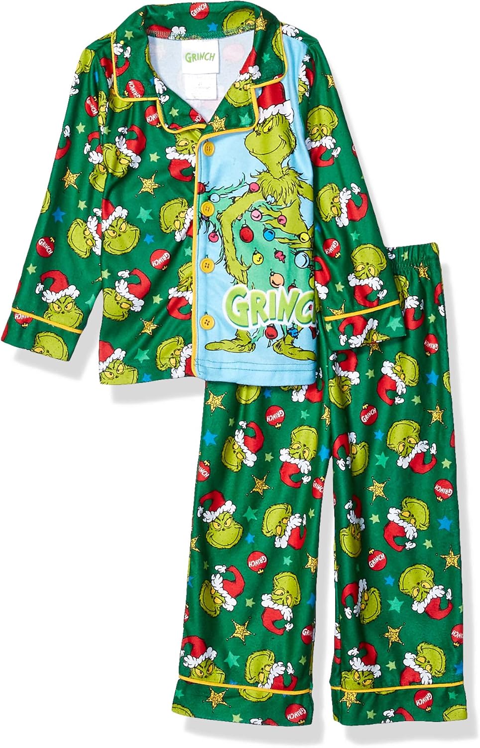 The Grinch Boys' Toddler Dr. Suess Soft Knit Flannel Button Down Pajama