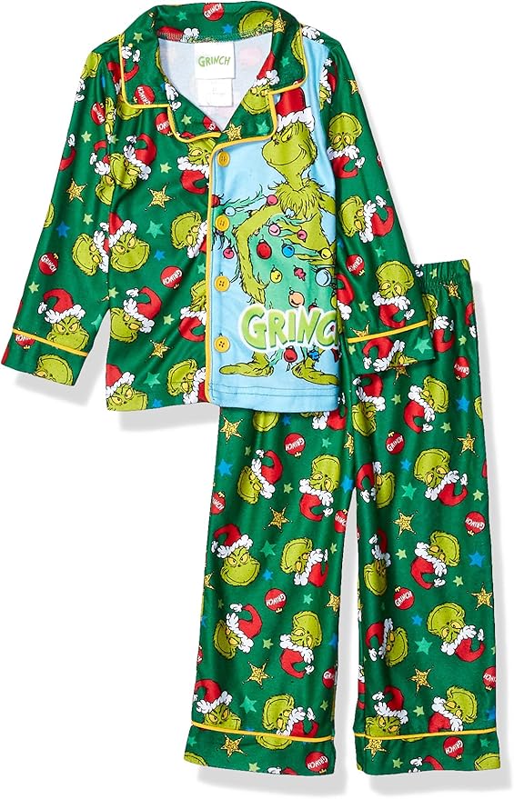The Grinch Boys' Toddler Dr. Suess Soft Knit Flannel Button Down Pajama