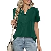 LOMON Womens Short Sleeve Tops Henley V-Neck T-Shirts Casual Pleated Blouses Dressy Loose Summer Clothes 2025 S-XXL
