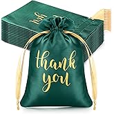 Sieral 50 Pcs Thank You Satin Gift Bags with Drawstring Jewelry Candy Pouches for Valentines Easter Wedding Baby Shower Birthday Holiday Party Thank You Bag for Gift Wrap(Dark Green,4 x 6 Inch)