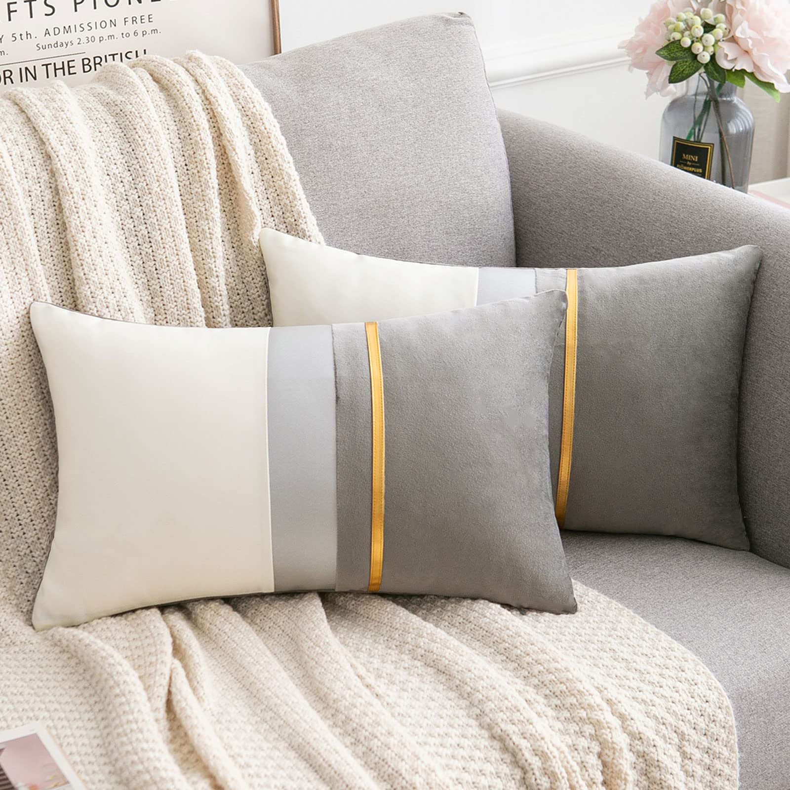 Serento Grey Velvet Cushion Covers, 12x20 Set of 2, Soft Decorative Rectangle Pillowcases, Luxury Home Decor Accent Cushion Cases for Living Room Couch, Bedroom Sofa Bed, 30 x 50 cm