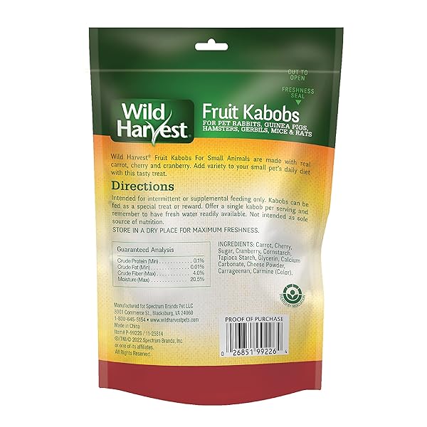 WILD HARVEST FRUIT KABOBS, 6 COUNT, FOR PET RABBITS, GUINEA PIGS, HAMSTERS, GERBILS, MICE AND RATS