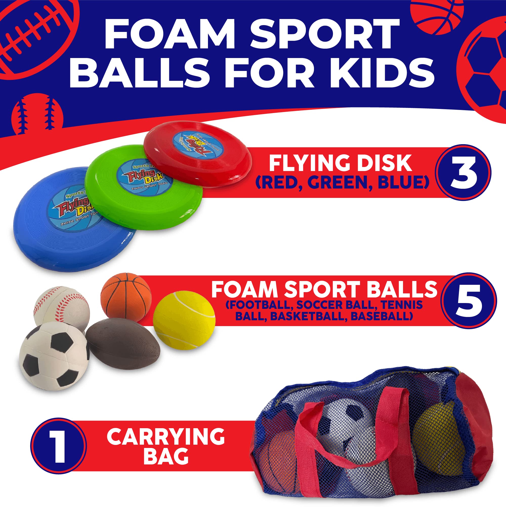 Toysery Foam Sports Balls Toddler Toys Set with Carry Bag - Includes Football, Soccer Ball, Tennis Ball, Basketball, Baseball, Kickball, & 3 Fresbee Discs - Soft Balls for Kids and Toddlers Ages 1-3