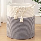 OIASKET Laundry Basket, 100L Large Laundry Hamper, Tall Woven Rope Storage Basket for Blanket Toys Pillows Towels, Baby Nursery Hamper Bin for Living Room, Bedroom (Grey & White)