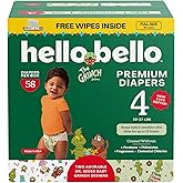 Hello Bello Dr. Seuss Baby Grinch Premium Diapers, Size 4 (22-37 lbs), 58ct Plus Bonus Baby Wipes: Softness & Protection for Sensitive Skin