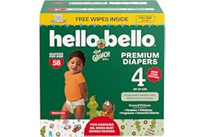 Hello Bello Dr. Seuss Baby Grinch Premium Diapers, Size 4 (22-37 lbs), 58ct Plus Bonus Wipes: Softness & Protection for Sensitive Skin