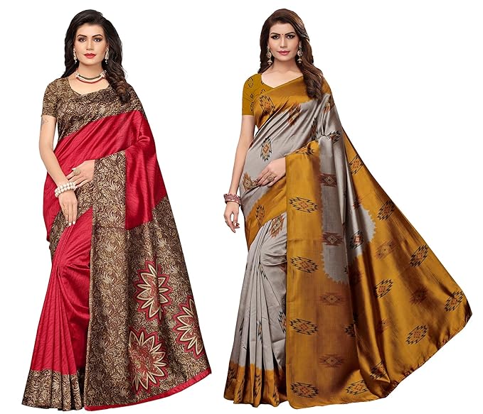 Combo Of 2 Poly Silk Multicolor Printed Womens Saree