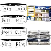WHISPERING WONDER 20 Pack Elastic Bed Sheet Organizer Bands with Size Labels，Elastic Bedding Band Labels for Organizing Bed Sheets with Assorted Sizes
