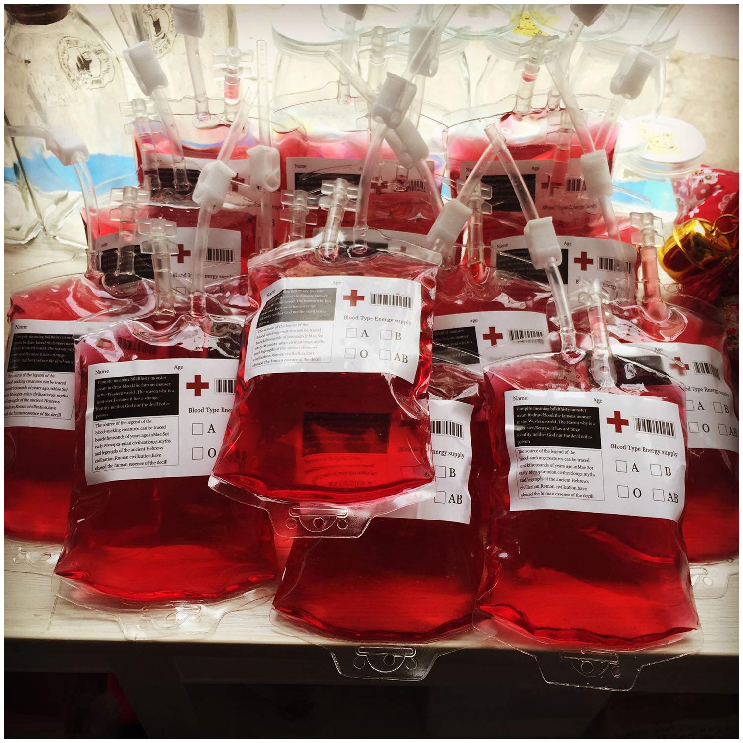 Trooer 12 Pack Halloween Blood Bags for Drinks 11.8 Fl Oz IV Bag Live