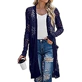 GRECERELLE Womens Lightweight Longer Length Cardigan Long Sleeve Casual Crochet Open-Front Sweater with Pockets