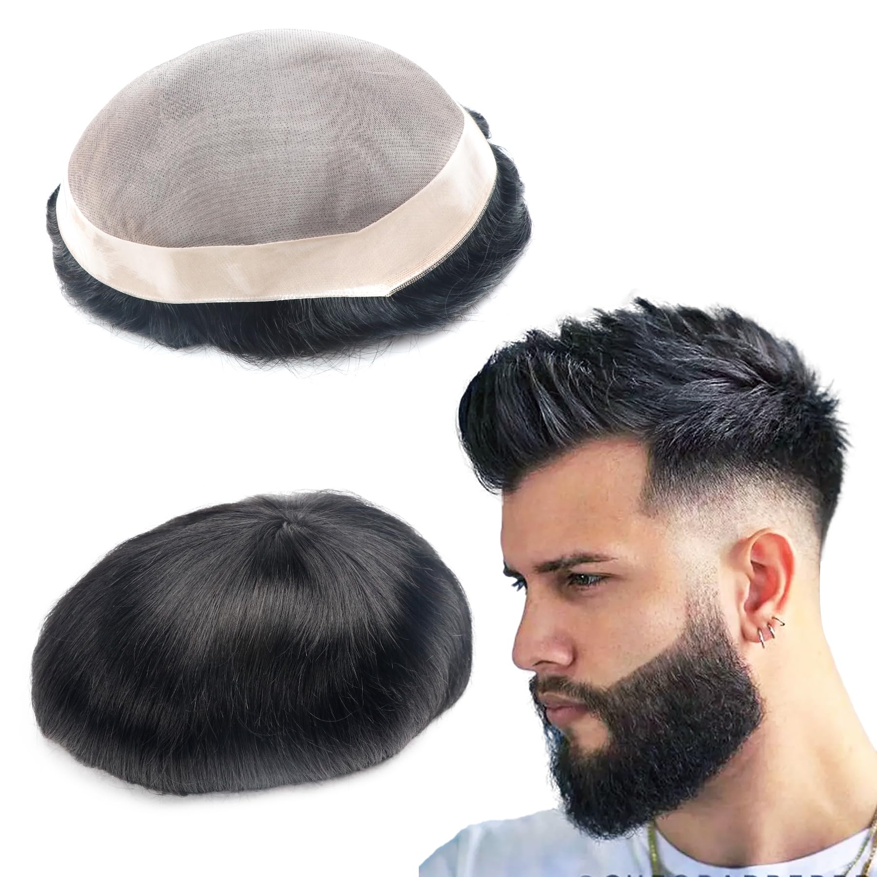 Photo 1 of lumeng Wigs for Mens Toupee Hair Replacement System Mono Lace With Npu Reinforce Lace Systems Size 6x8 Inch 6 Inch Length Color 1# Hair Unit