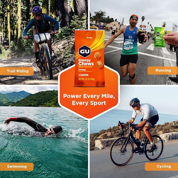 GU ENERGY CHEWS, ORANGE ENERGY GUMMIES WITH ELECTROLYTES, VEGAN, GLUTEN-FREE, KOSHER, CAFFEINE-FREE, AND DAIRY-FREE ON-THE-GO ENERGY FOR ANY WORKOUT, 12 BAGS (24 SERVINGS TOTAL)
