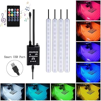 Aveylum Usb 5v Car Led Strip Lights 4pcs 48 Leds Auto Interior Music Sync Underdash Lighting Kit Rgb Multicolor 5050 Smd Led Tape Light With Wireless
